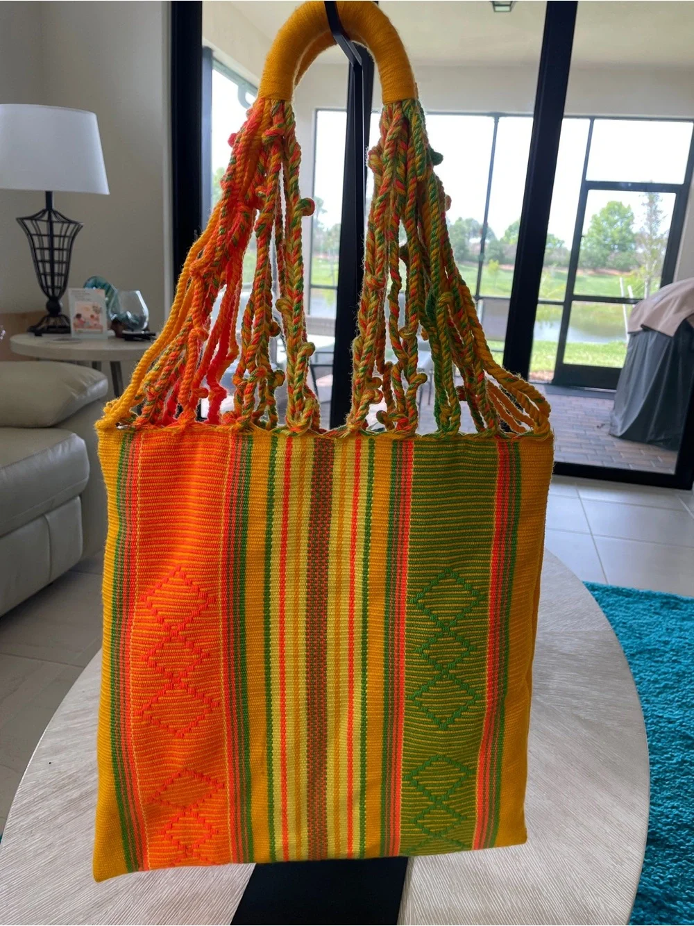 Plant based Vegan Beach Bag Bright Handwoven Yellow, Orange & Green Stripe Tote
